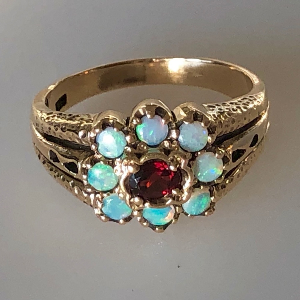 SOLD**Victorian 10k Blue Opal Garnet Halo Ring 4g